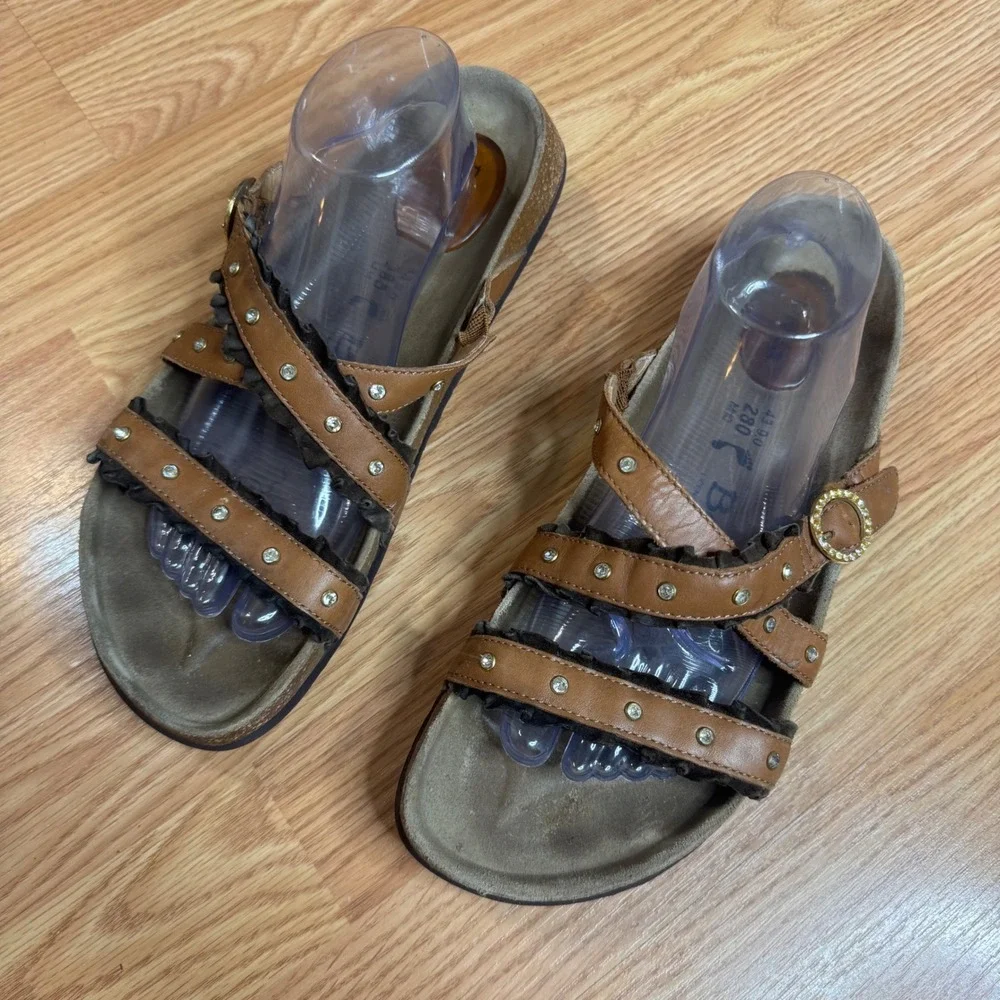 Betula by Birkenstock Studded Ruffle Cork Sandals Brown ladies size 12
